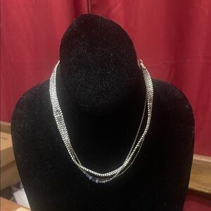 three strand woven Silver Necklace with Blue Accents 16”